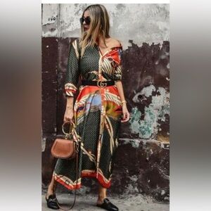 Zara Multicolor Button-Front Maxi Dress - Red, Olive & Blue